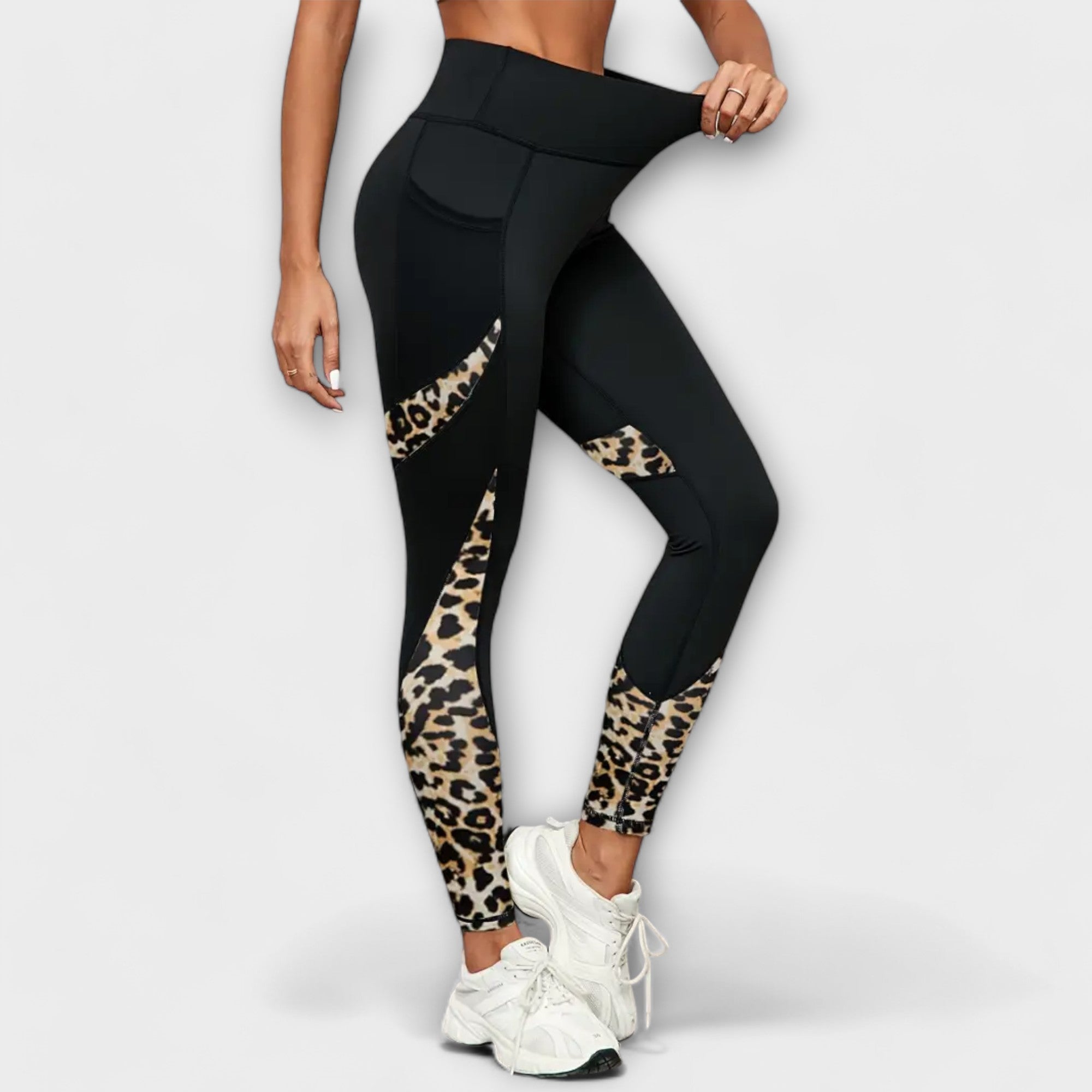 High-Waist Leopard Mesh Træningstights med Lommer