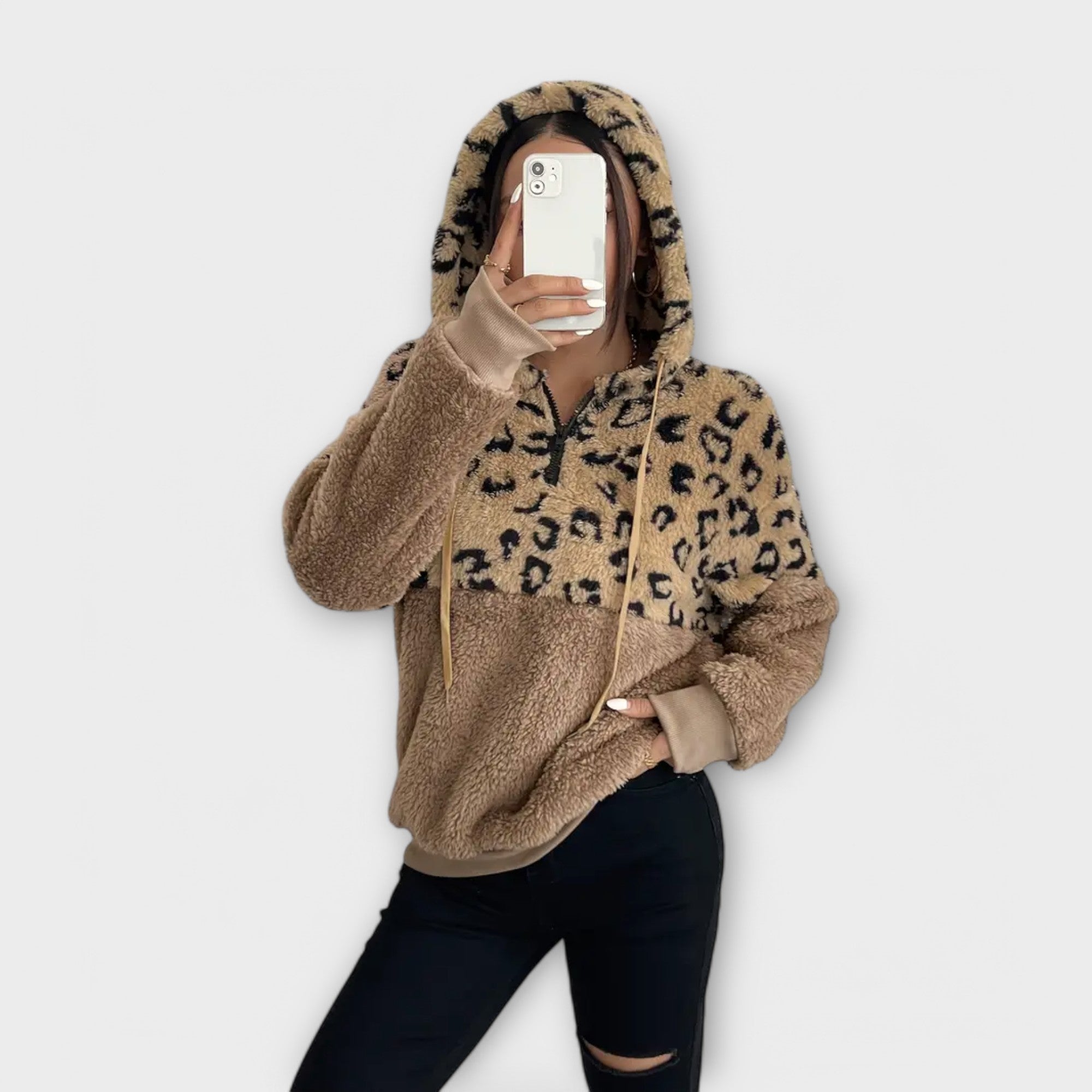 Varm Plys Hoodie med Leopardmønster og Patchwork