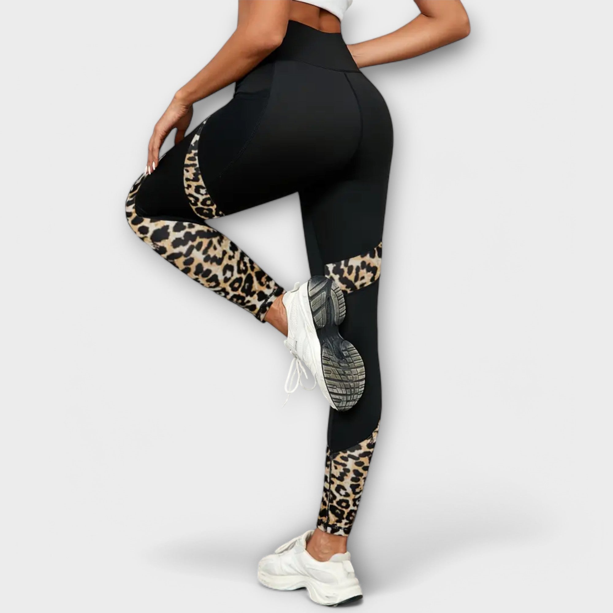 High-Waist Leopard Mesh Træningstights med Lommer